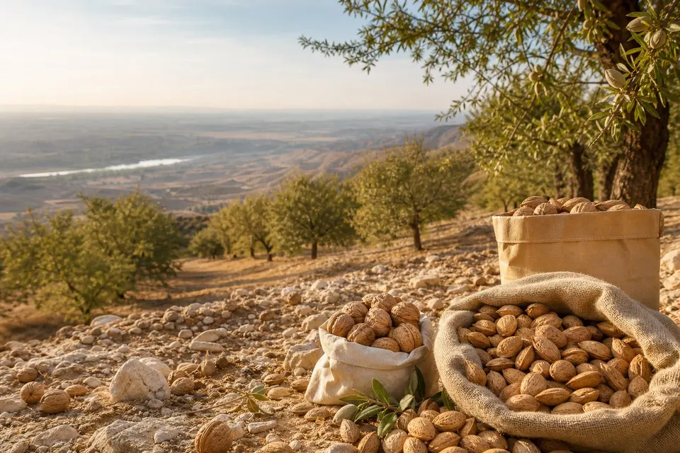 Almendras y nueces con cáscara entre los árboles y la luz del campo